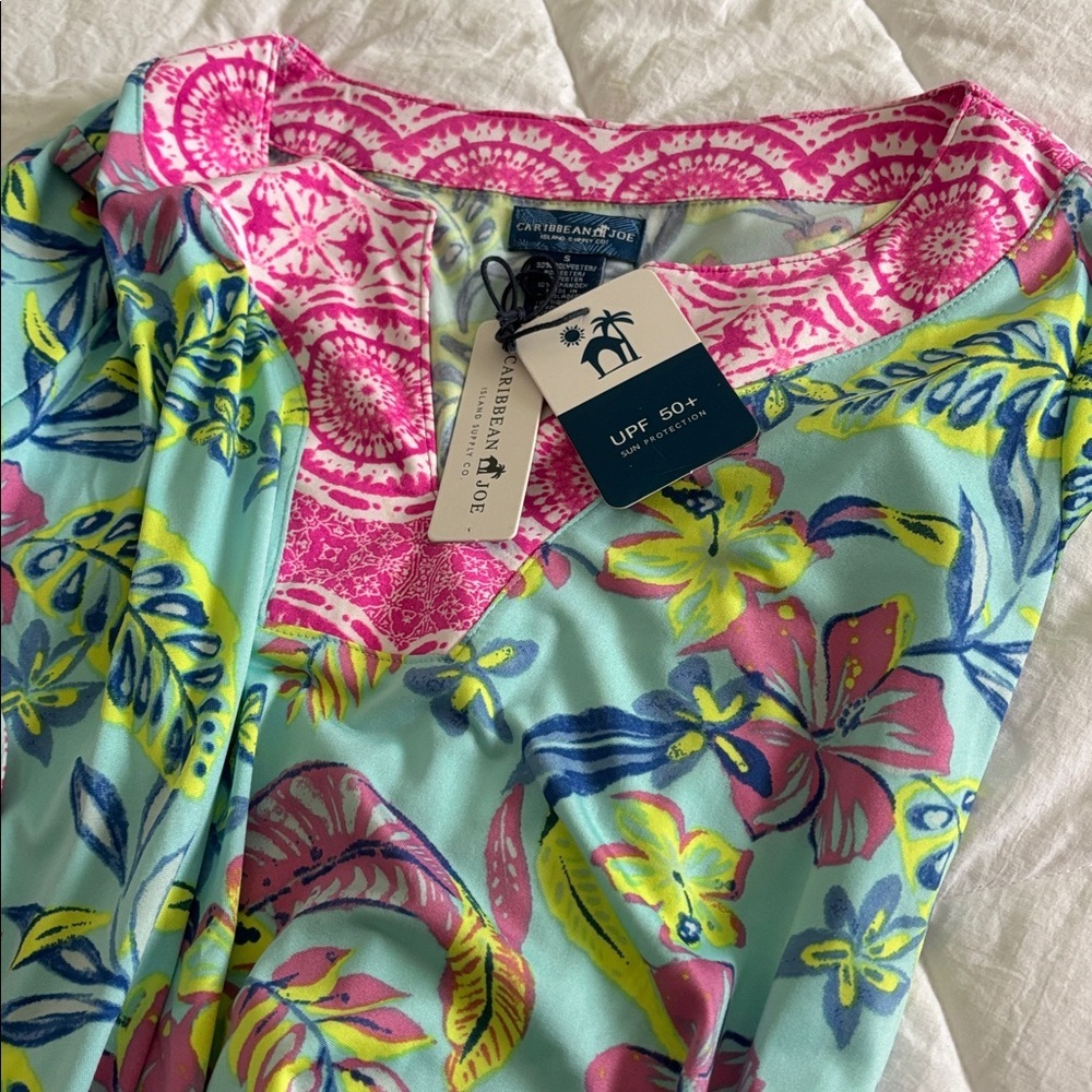 Caribbean Joe Pink & Aqua Floral Split-Neck dress
